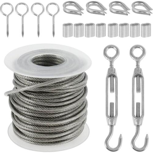 57PCS Stainless Steel Wire Rope With Accessories 30 Meter PVC Woodworking Milling Cutter Soft Cable Coated Flexible Wire Rope