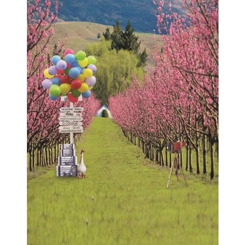 5x7ft Lawn Pink Flowers Tree Balloon Photography Backdrops Photo Props Studio Background
