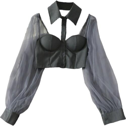 Sexy Lady Chic Women Blouses Halter Backless Shirts Blusas Mujer De Moda Gauze Patchwork Lantern Sleeve Blouse Crop Tops