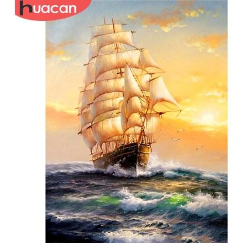 HUACAN 5D DIY Diamond Painting Sailboat Full Square Embroidery Ship Landscape Home Decoration New Arrival Mosaic Handmade