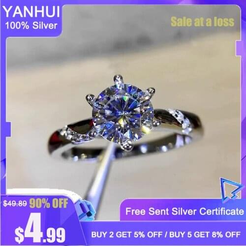 YANHUI With Certificate Original 925 Sterling Silver Round Cut 1 Carat Zirconia Diamond Ring Wedding Jewelry Gift For Women R363
