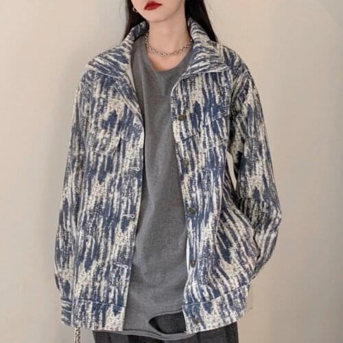 Streetwear Fashion Print Single-breasted Loose Oversized Denim Jacket Women Spring Autumn Chaqueta Mujer Casual Korean Tie Dye