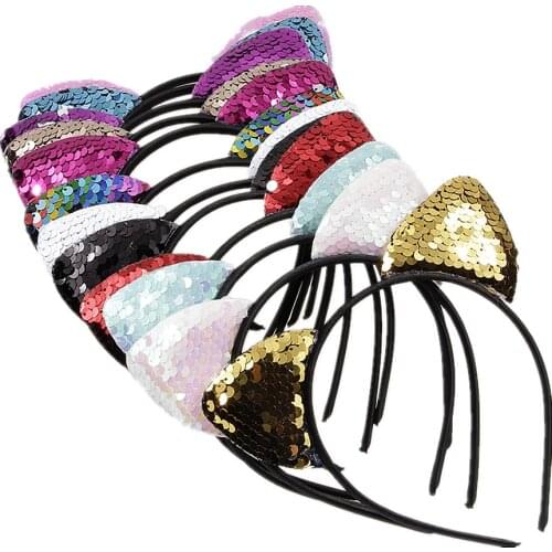 Cute Glitter Flip Sequins Cat Ear Girl Hair Band Hair Hoop Kids Women Cat Ear Hair Bands Halloween Headdress Gifts