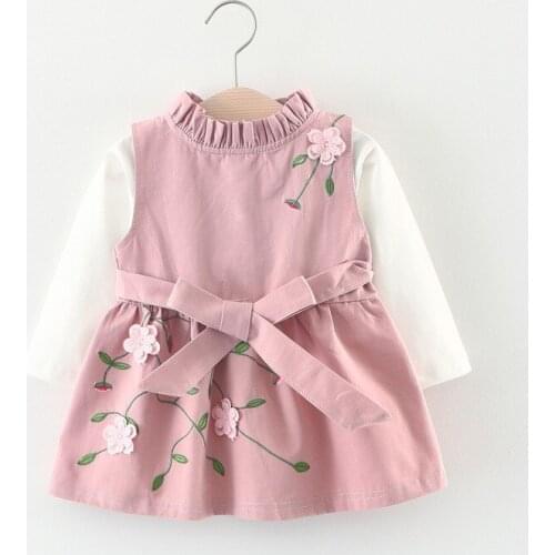 Cute baby girls bow dress long sleeved 0-2 years toddler girl dresses vest t-shirt 2pc Flower Infant clothes