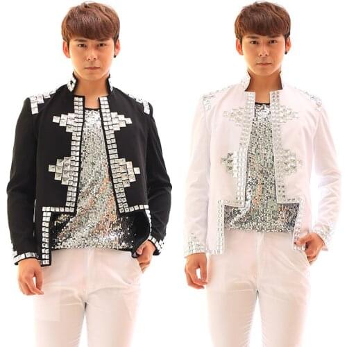Men suits designs black and white acrylic beads stage costumes for singers men sequin blazer dance clothes jacket dress punk