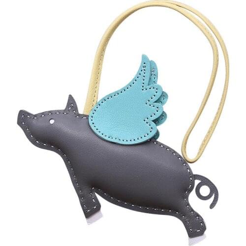 Real leather Keychain Mini Animal Flying Pig Bag Pendant Key Ring For Women Charm Bag Pendant Lovely Car Hanging Chains 2021 new