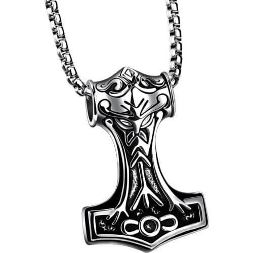 Retro Thor Hammer Pendant Necklace Men Stainless Steel Viking Jewelry