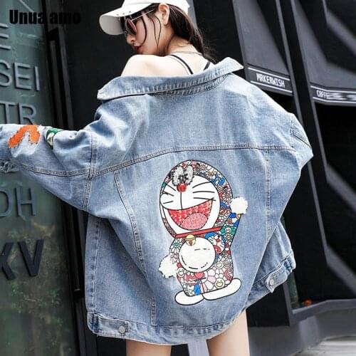 Unua amo Harajuku Cartoon Print Denim Coat Womens Sequins Jackets Streetwear Heavy Industry Pearl Diamond Jean Jacket Femme