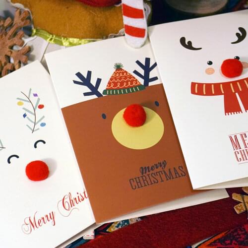 Christmas Exquisite Greeting Card Cartoon Three-Dimensional Elk Hair Ball Nose Christmas Children Postcard Gift Party Supplies