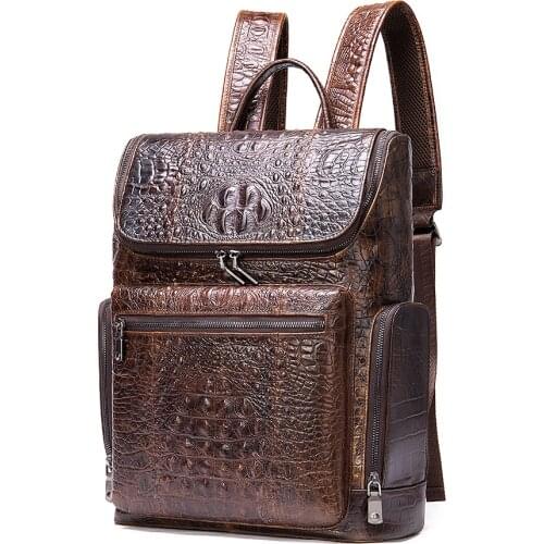 Student School Bag for Books Crocodile Pattern Designer Bag Mens Genuine Leather Backpack Bag for Men 14 Inch Laptop Bag