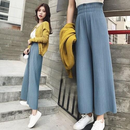 Singwing Chiffon pleated Wide leg pants female Solid Color summer high waist straight pants loose type Sweet women pants
