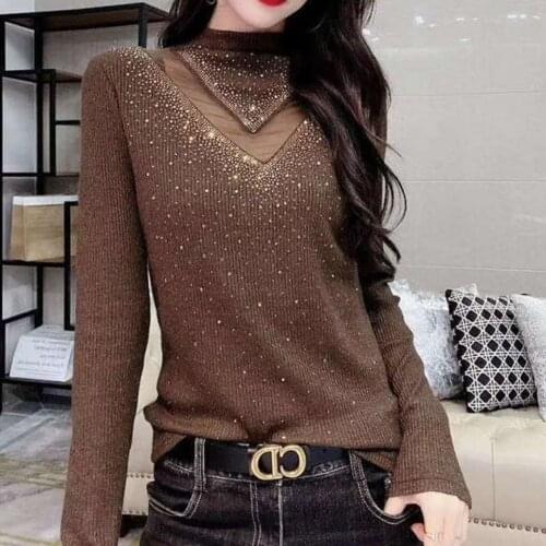 Top Ladies High Collar Autumn and Winter New Fashion Rhinestone Sweater Long Sleeve Sexy Hollow Khaki Pullover Thin Sweater