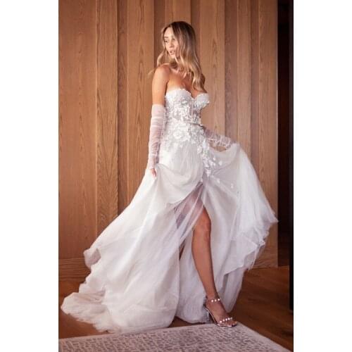 Vestido De Noiva Robes Lace Floral Tulle Split Bridal Wedding Gown Strapless Sweetheart Removable Long Sleeves Wedding Dress