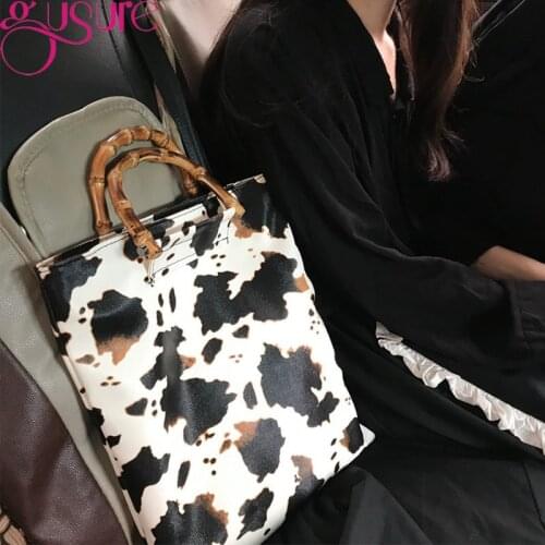 Gusure 2021 Vintage Cow Pattern Handbags For Women Bamboo Handle Designer Totes Large Capacity Female Travel Purse Clutch Bag