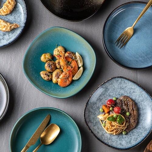 Japanese Retro Style Ceramic Plate Round Square Food Plate Breakfast Plate Fruit Noodle Salad Tray Home Hotel Kitchen Deep Dish