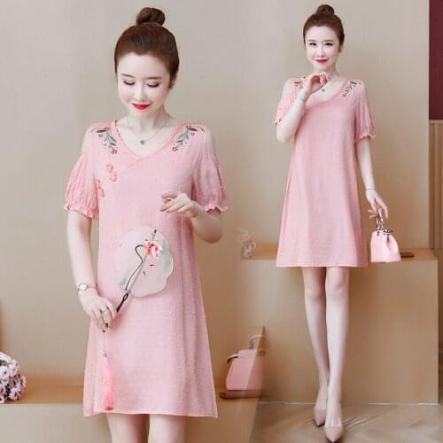 Women embroidery pink loose summer dress plus size M-4XL XXXL 3XL XXXXL blouses blusa sexy Casual dresses clothes for 90KG woman