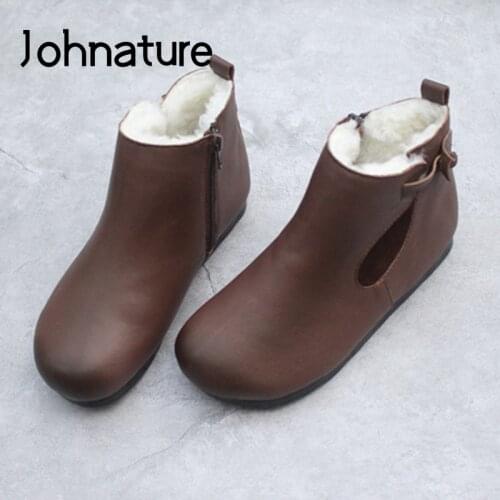 Johnature Winter Women Shoes Platform Boots Genuine Leather 2020 New Zip Flat With Retro Warm Handmade Concise Ladies Shoes