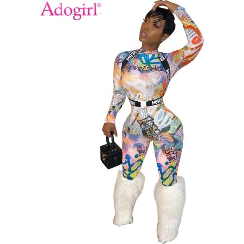 Adogirl Newspaper Letters Print Women Fashion Jumpsuit Mock Neck Long Sleeve Casual Skinny Romper Night Club Overalls Outfits