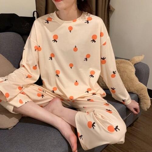 Womens Two Piece Pajamas Set Loose Long Sleeve Plus Size Home Wear Cartoon Fruit Printed Round Neck Top + Trousers Suit