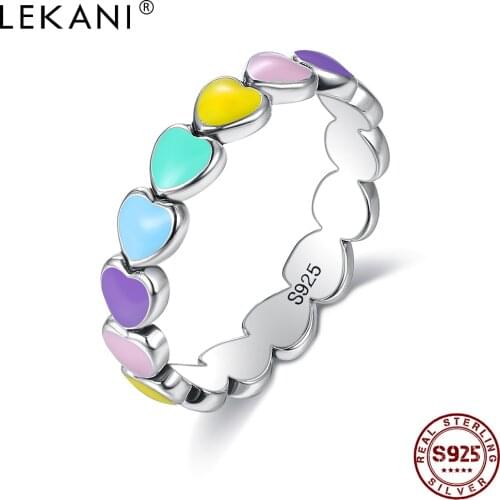 LEKANI Wedding Engagement Ring Sterling Silver 925 Jewelry Stackable Rainbow Heart Finger Rings For Women Romantic Presents