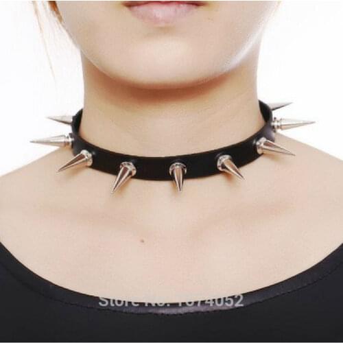 Women Girl Punk Gothic 100% Handcrafted Long Spiked Collar Spiked Choker Leather Collar Jewelry Button Necklace