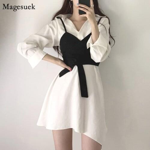 Summer Shirt Dress for Women 2021 Korean Fashion Elegant Short Dress Long Sleeve Turn-Down Collar Loose Dresses Clothing 15199