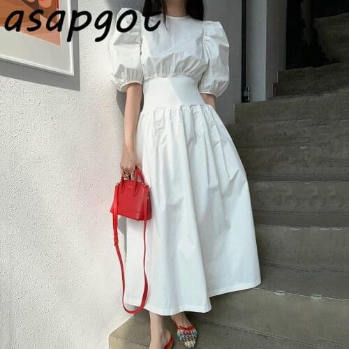 Chic Korean Elegant Loose Pleated Waist Black Big Swing Dress Long O Neck Puff Sleeve White Dress Women 2021 Spring New Fashion