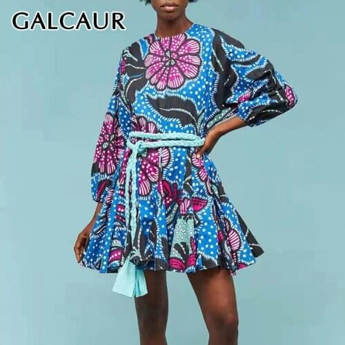 GALCAUR Print Colorful Dress O Neck Lantern Long Sleeve High Waist Belt Party Mini Dresses Female 2021 Spring Fashion New