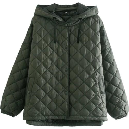 Winter Womens Jackets Coat Armygreen Outwear With Heeded Jackets Plaid Vintage Coat Oversize Streetwear Fashion Outerwear TRF
