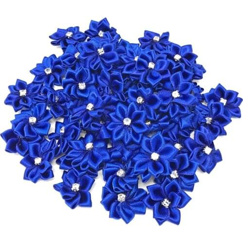 100pcs Royal Blue Satin Diamond Ribbon Flowers Rhinestone Diamante Centre 25mm Craft Flower