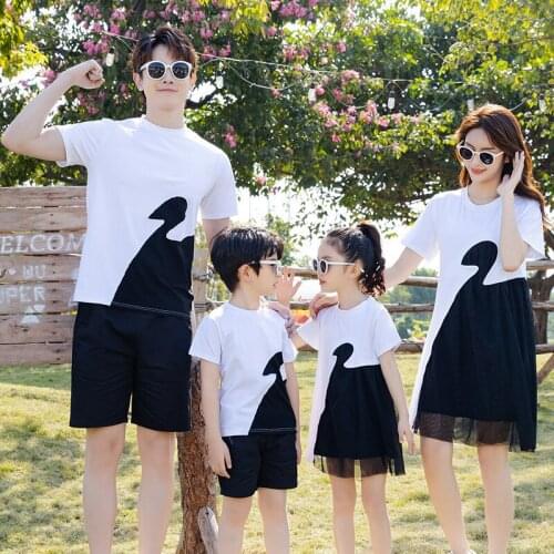 Family Matching Outfits Summer New Mother And Daughter Cotton Short Sleeve Dress Cartoon T Shirt Shorts 2pcs For Boys And Father