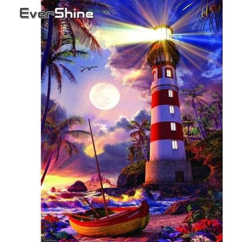 EverShine Full Drill Square Diamond Embroidery Lighthouse Diamond Painting 5D Landscape Mosaic Rhinestones Cross Stitch Wall Art