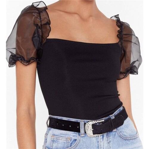 Basic Knit O Neck Women T Shirt Summer Ribbed Pullover Tops Soft Female Short Sleeves T-shirt Streetwear Puff Sleeve T-shirts