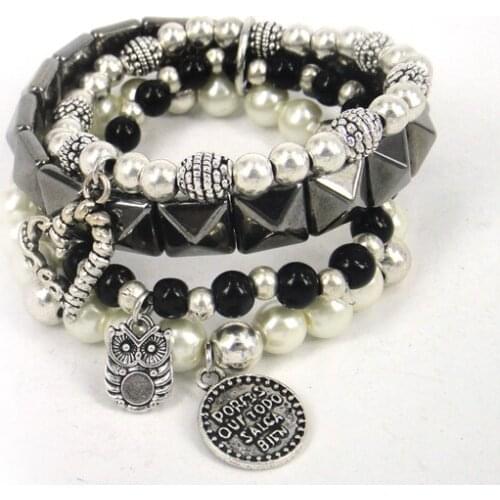 Free Shipping 4 row Black semi precious stone Glass Beads bracelet with pearl hyramid Women bracelet