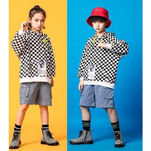Kids Fashion Hip Hop Clothing Checkered Hoodie Sweatshirt Top Outfits Cargo Short Pants for Girls Boys Dance Costume Clothes