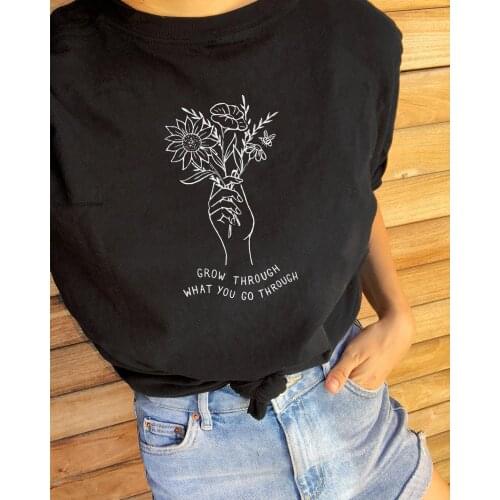 Grow Through What You Go Through T-Shirt Summer Flowers Clothing Bees Lover Tee Aesthetic Save Plants Vintage Top Girl Premium