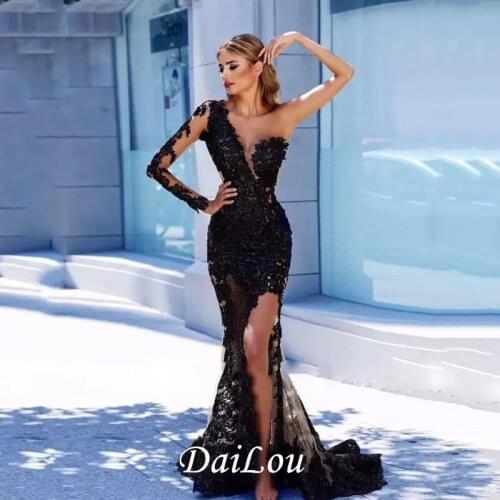 Sheath/Column Floor-Length Sexy One Shoulder Long Sleeves Sweep/Brush Appliques Evening Dress 2021