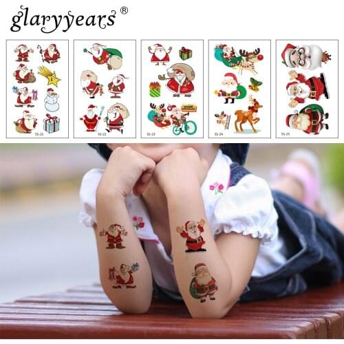 Glaryyears Kids Temporary Tattoo Sticker Waterproof Christmas Snowman Green Tree Deer Makeup Small Body Art For Child
