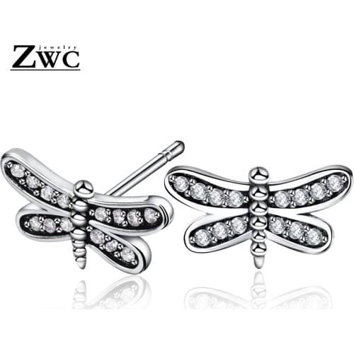 ZWC Personality Fashion Exquisite Dragonfly Crystal Stud Earrings for Women Party Charm Simple Zircon Earrings Jewelry Wholesale