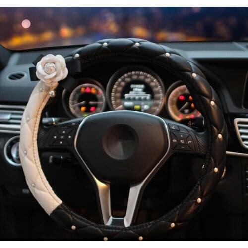 Faux Leather White Camellia Flower Car Interior Decoration Steering Wheel Covers Car Interior Decoration Four Seasons Woman Gift