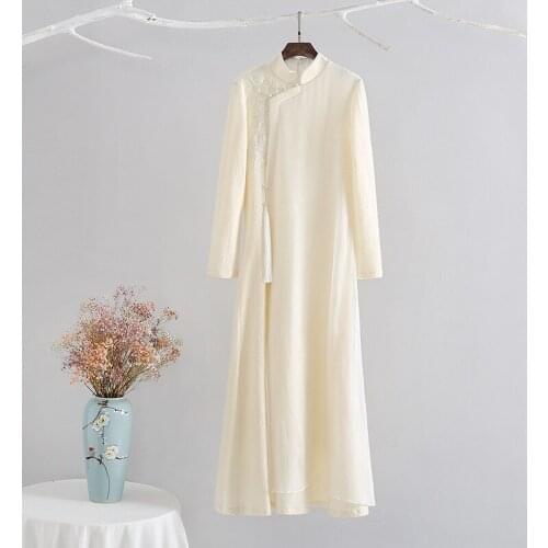 Chinese style improved cheongsam daily slim Zen dress female immortal tea artist dress Zen tea dress autumn and winter dress