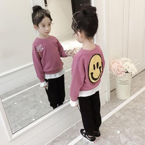 2018 kids girl boy fashion clothing set spring autumn girls casual suits smile face sweatshirt+long pant suit 4-14age
