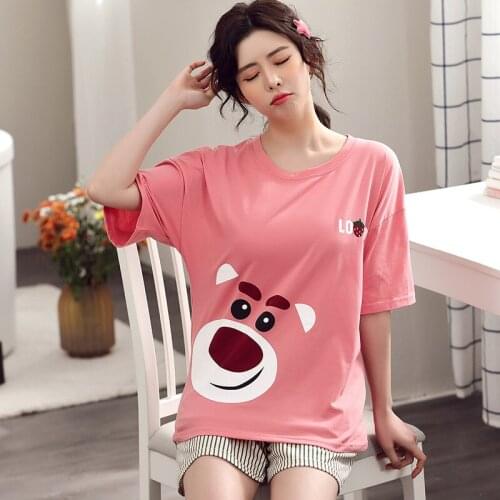 Summer Cotton Pajamas Two-piece Female Plus Size Loose Short-sleeved Shorts and Casual Home Wear Pajama set women Loungewear