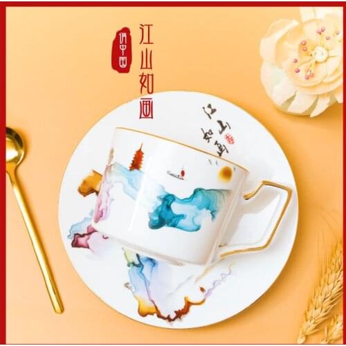 Small Luxury Bone Ceramic Coffee Cup and Saucer Set New Chinese Style Red Tea Cup with Spoon Customized Logo