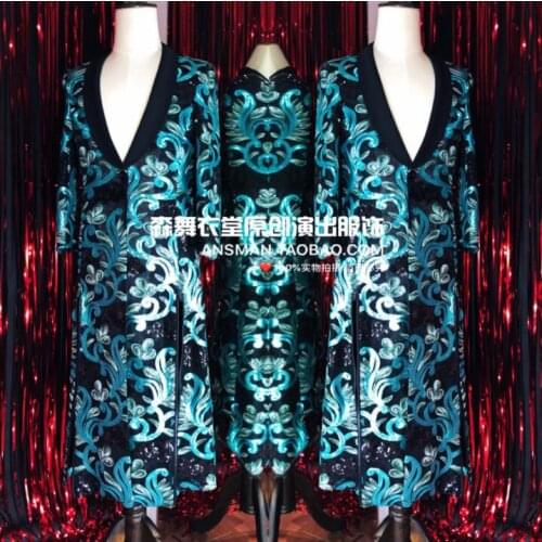 Mens suits high-end embroidery peacock blue atmosphere split long coat bar nightclub male singer DJ costume large size