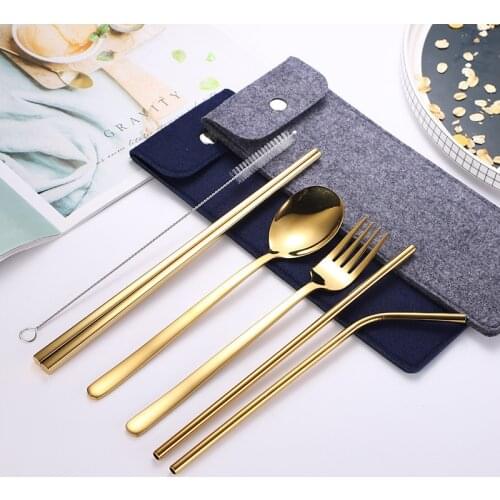 304 stainless steel cutlery set straw combination color portable spoon Fork chopsticks outdoor tableware bag