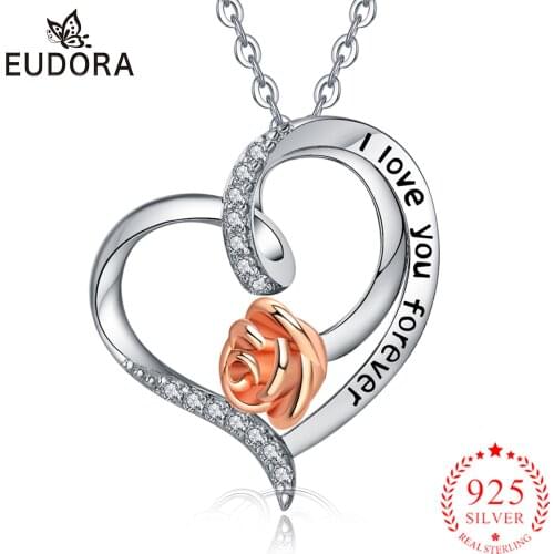 Eudora Heart Rose Silver Pendant Necklace 925 Sterling Silver Crystal CZ Love Necklace Women wedding Jewelry Without Chain D500