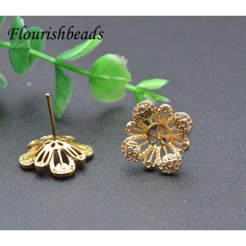 30pc Nickle Free Cubic Zircon Paved Flower Shape Stud Earring Hook Clasps Fit Half Hole Pearl Jewelry Making Supplies