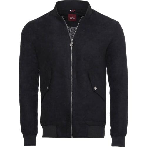 Navy Patch Pockets Suede Bomber Coat