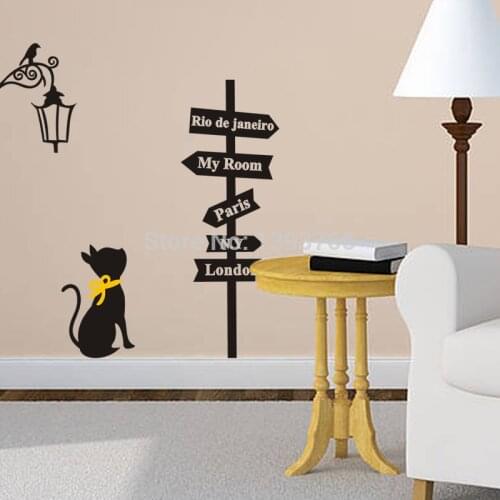 Home Decoration Ancient Lamp Cats Signpost wall Stickers Decals Adesivo De Parede Kids Rooms Decor DIY Cartoon wallpaper